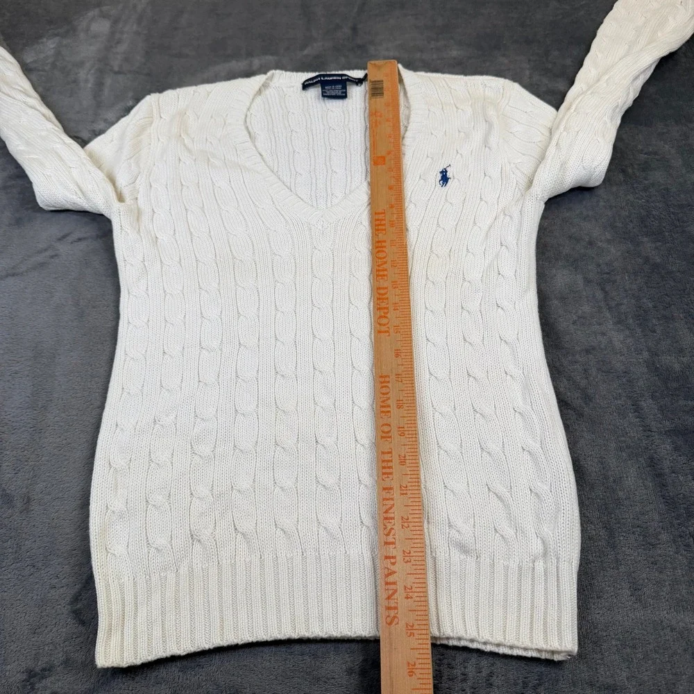 Ralph Lauren Sport Cable Knit Sweater Womens Large White V Neck Cotton - Picture 7 of 9